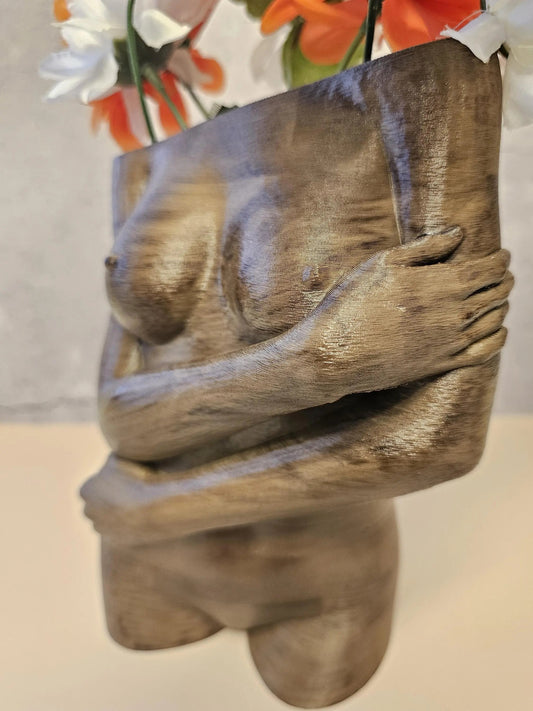 Hand-Painted Female Torso Vase: Elegant Sable Sculpture with Light & Dark Wood Finishes CR3 Design Co