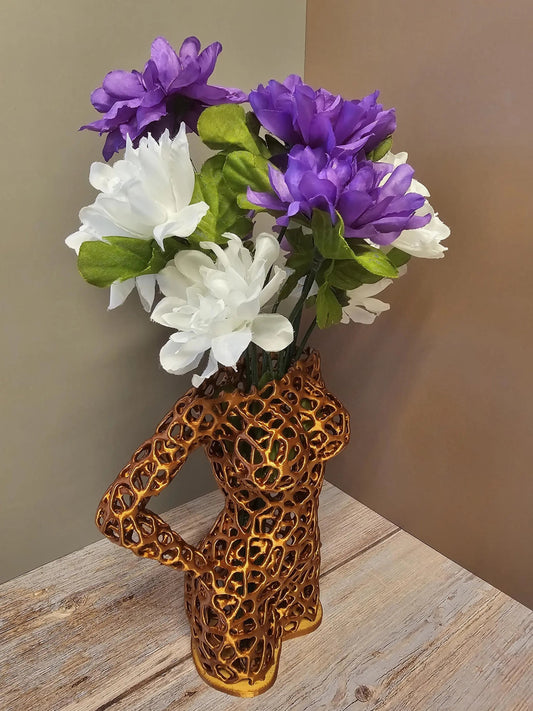 Elegant Voronoi Female Torso Vase: 3D Printed Copper Sculpture Planter for Modern Home Decor CR3 Design Co
