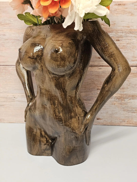 Hand-Painted Wooden Goddess Vase: Empowering Female Torso Sculpture, Boho Body Positive 3D-Printed Desk Planter CR3 Design Co