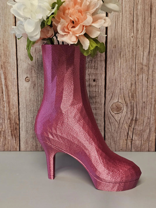 3D Printed High Heel Boot Vase: Electric Rose Pink Modern Decor CR3 Design Co