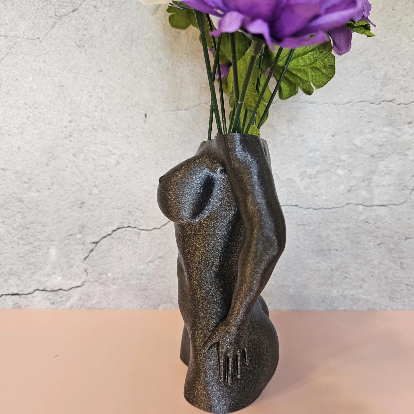 3D Printed Female Torso Vase: Diamond Silver Grey Modern Sculpture CR3 Design Co