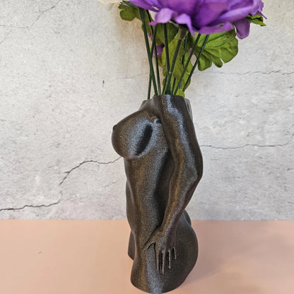 3D Printed Female Torso Vase: Diamond Silver Grey Modern Sculpture CR3 Design Co