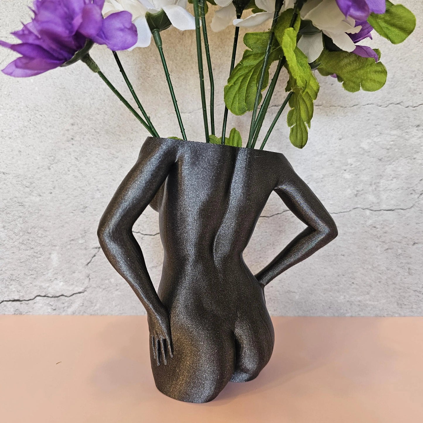 3D Printed Female Torso Vase: Diamond Silver Grey Modern Sculpture CR3 Design Co