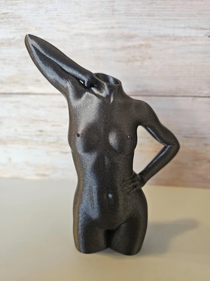Elegant 3D Printed Female Torso Vase: Modern Silver-Grey Sculpture for Minimalist Home Decor CR3 Design Co