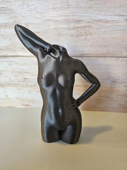 Elegant 3D Printed Female Torso Vase: Modern Silver-Grey Sculpture for Minimalist Home Decor CR3 Design Co