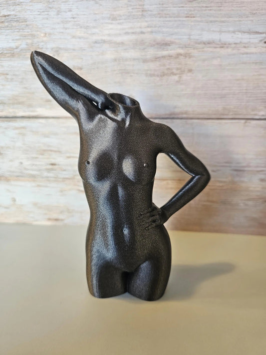 Elegant 3D Printed Female Torso Vase: Modern Silver-Grey Sculpture for Minimalist Home Decor CR3 Design Co