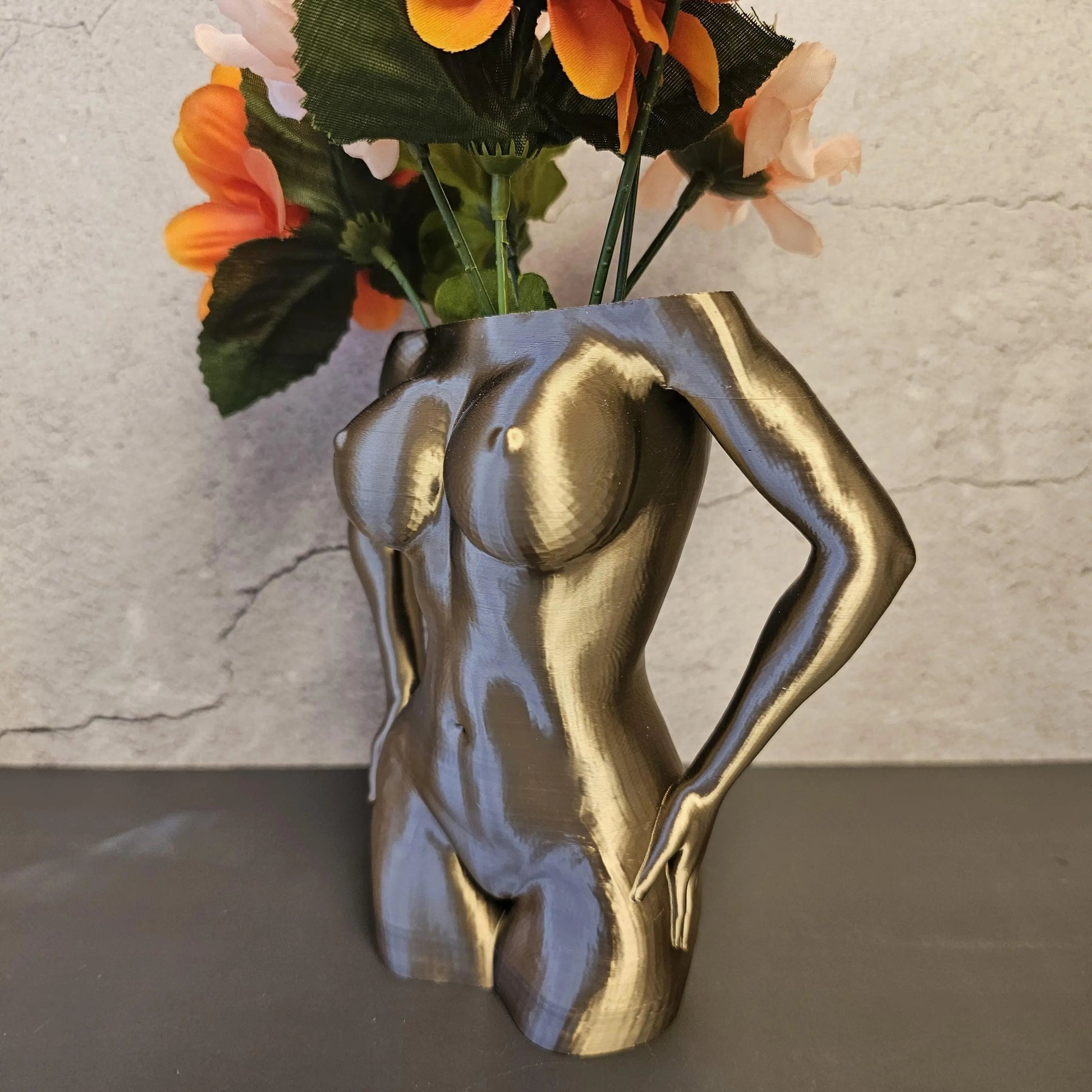 Antique Gold Female Torso Vase: 3D Printed Sculpture, Modern Home Decor CR3 Design Co