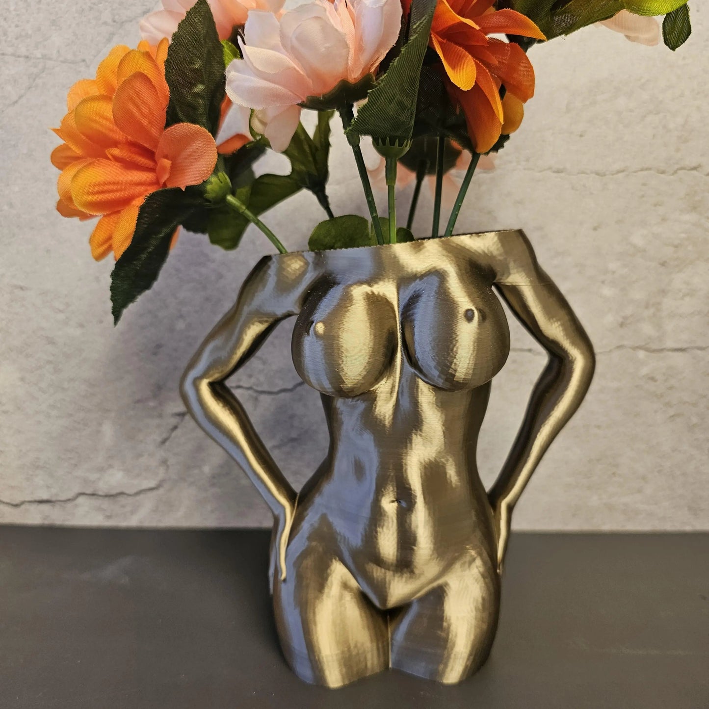 Antique Gold Female Torso Vase: 3D Printed Sculpture, Modern Home Decor CR3 Design Co