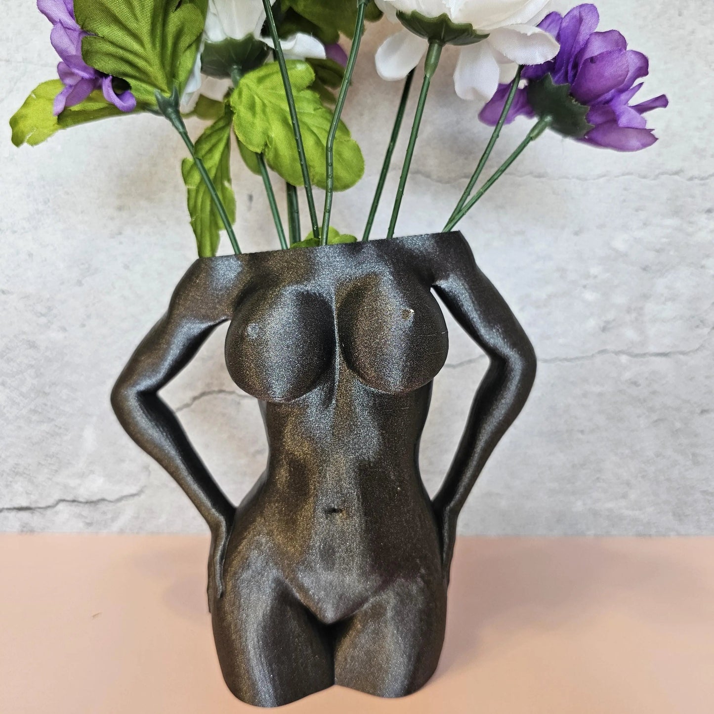 3D Printed Female Torso Vase: Diamond Silver Grey Modern Sculpture CR3 Design Co