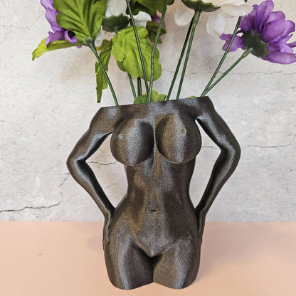 3D Printed Female Torso Vase: Diamond Silver Grey Modern Sculpture CR3 Design Co