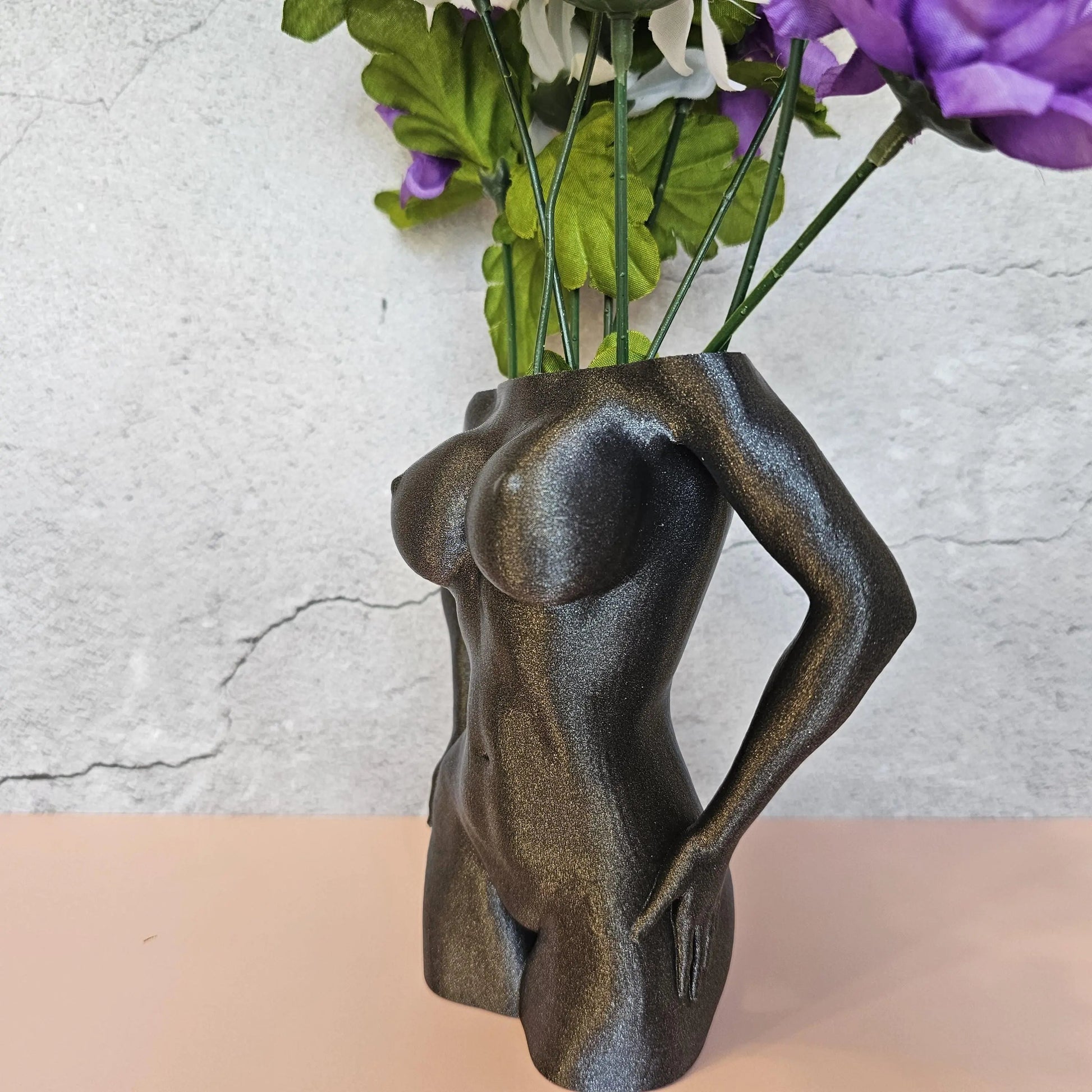 3D Printed Female Torso Vase: Diamond Silver Grey Modern Sculpture CR3 Design Co