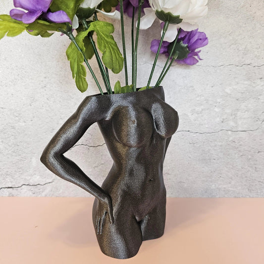 3D Printed Female Torso Vase: Diamond Silver Grey Modern Sculpture CR3 Design Co