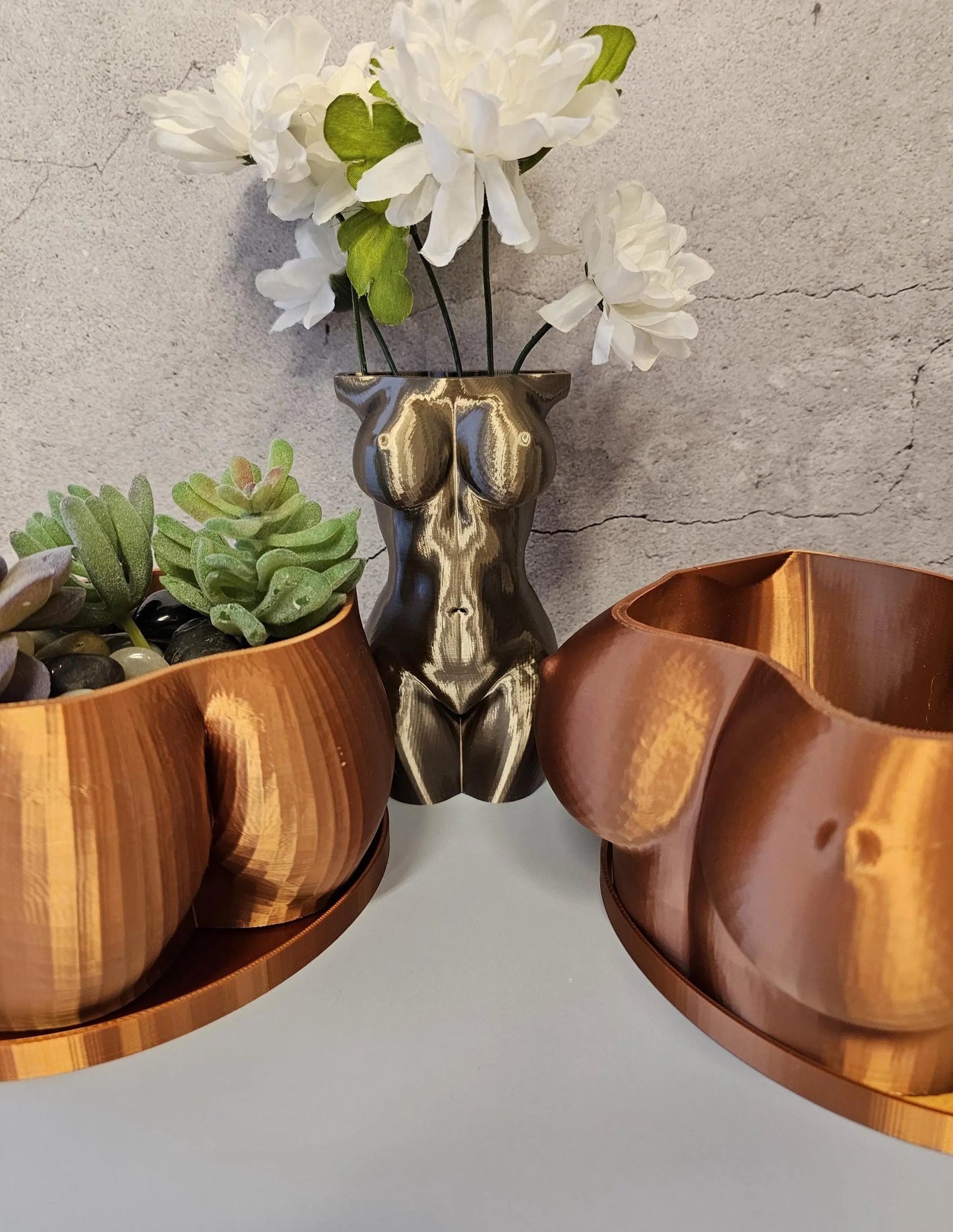 3D Printed Copper Bust Planter: Modern Art Torso Pot CR3 Design Co