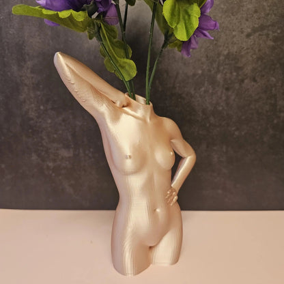 3D Printed Female Torso Vase: Silk Rose Gold Sculpture, Modern Home Decor CR3 Design Co
