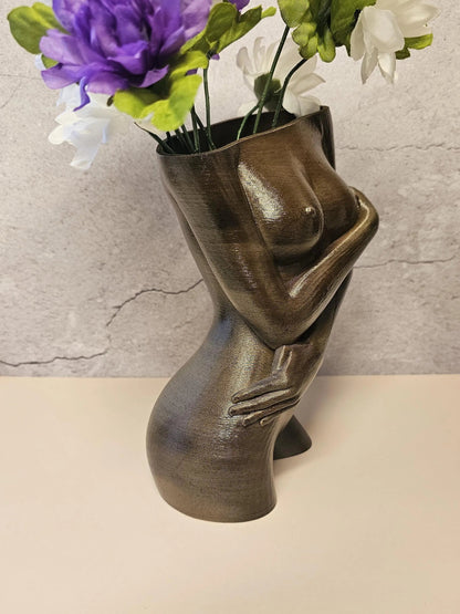 Hand-Painted Female Torso Vase: Elegant Sable Sculpture with Light & Dark Wood Finishes CR3 Design Co