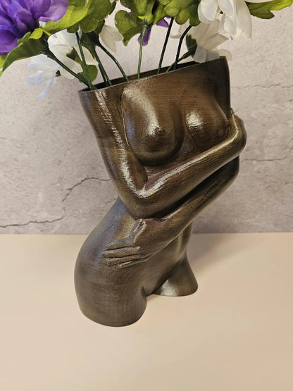 Hand-Painted Female Torso Vase: Elegant Sable Sculpture with Light & Dark Wood Finishes CR3 Design Co