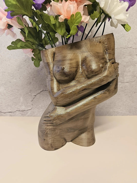 Hand-Painted Female Torso Vase: Elegant Sable Sculpture with Light & Dark Wood Finishes CR3 Design Co