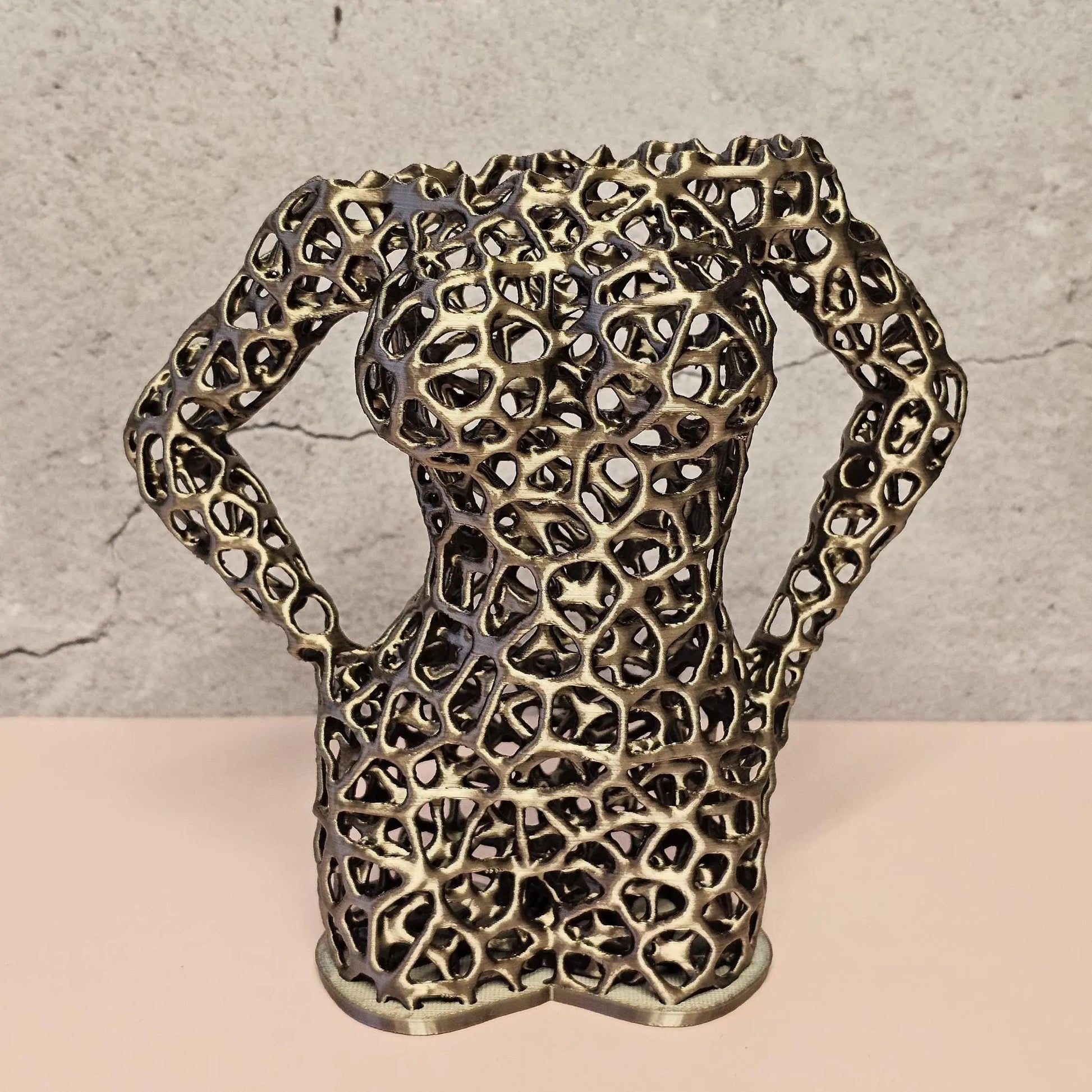 Antique Gold Voronoi Torso Vase: 3D Printed Sculpture Planter CR3 Design Co