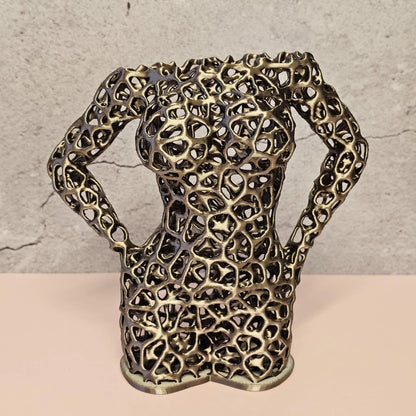 Antique Gold Voronoi Torso Vase: 3D Printed Sculpture Planter CR3 Design Co
