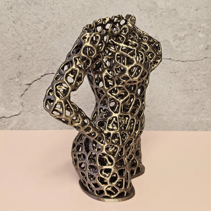 Antique Gold Voronoi Torso Vase: 3D Printed Sculpture Planter CR3 Design Co