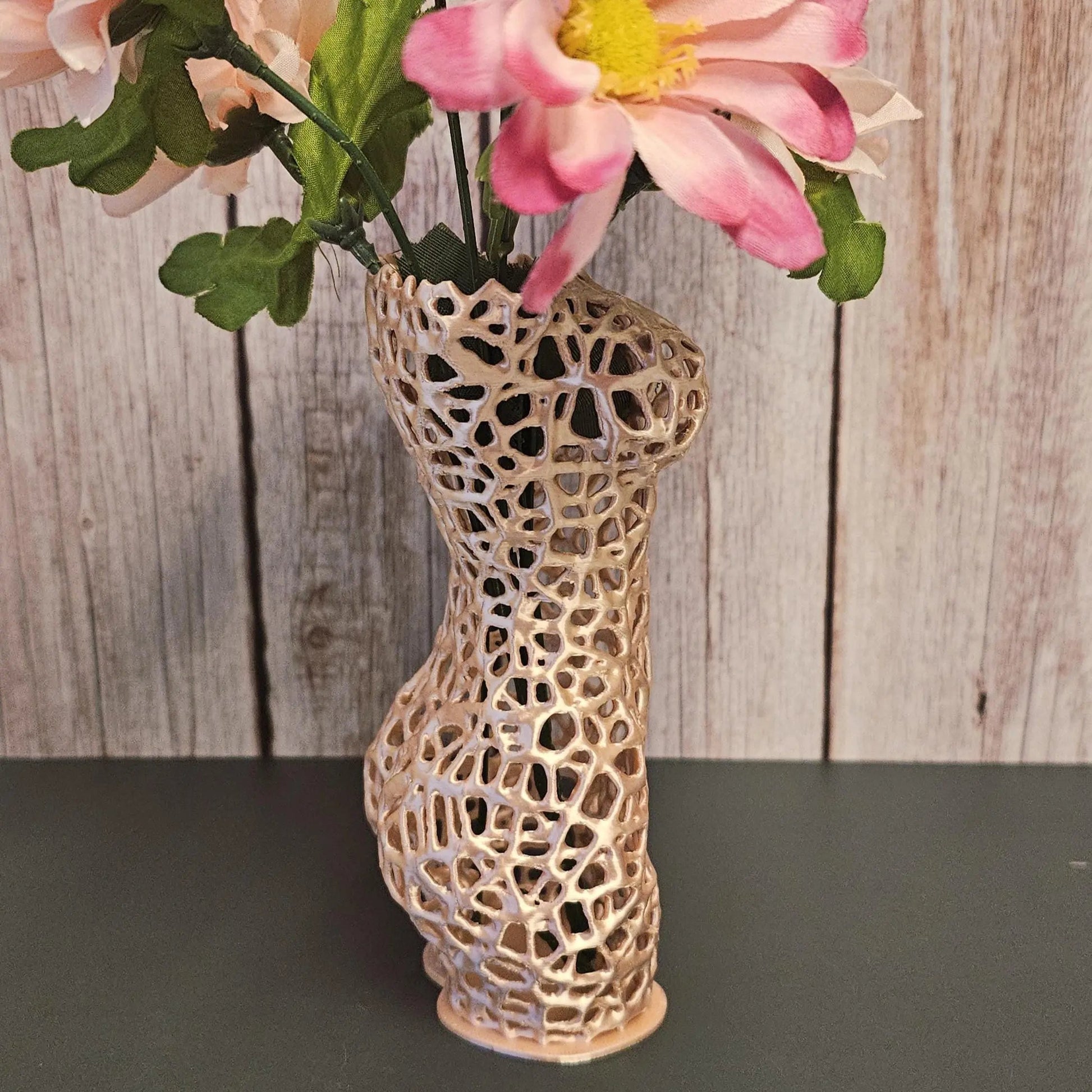 Voronoi Torso Vase: Silk Rose Gold 3D Printed Sculpture CR3 Design Co