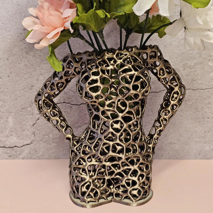 Antique Gold Voronoi Torso Vase: 3D Printed Sculpture Planter CR3 Design Co