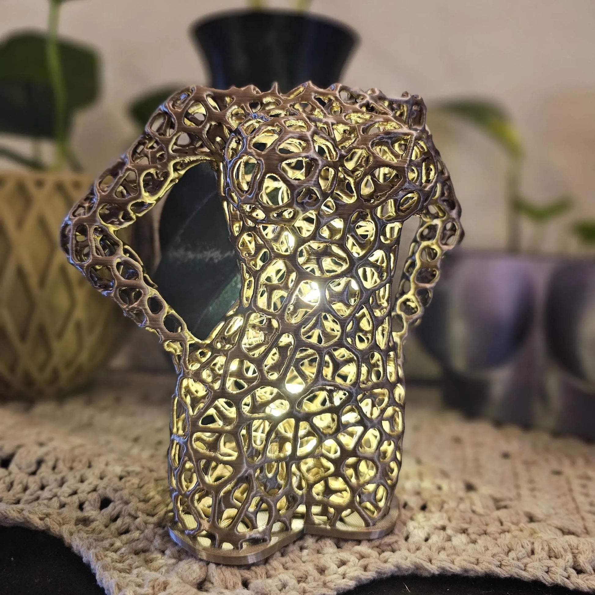 Antique Gold Voronoi Torso Vase: 3D Printed Sculpture Planter CR3 Design Co