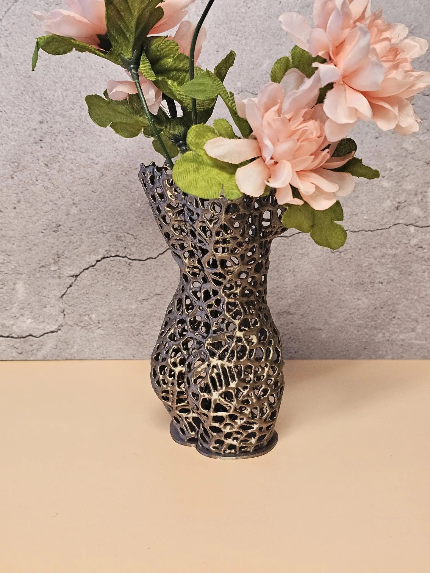 Antique Gold Female Torso Vase: 3D Printed Voronoi Sculpture CR3 Design Co
