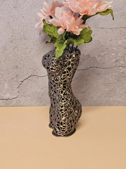Antique Gold Female Torso Vase: 3D Printed Voronoi Sculpture CR3 Design Co