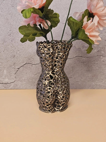 Antique Gold Female Torso Vase: 3D Printed Voronoi Sculpture CR3 Design Co