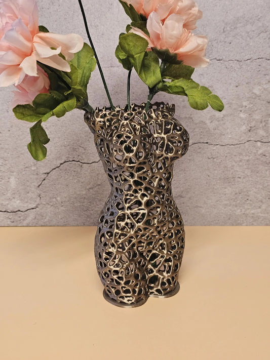 Antique Gold Female Torso Vase: 3D Printed Voronoi Sculpture CR3 Design Co