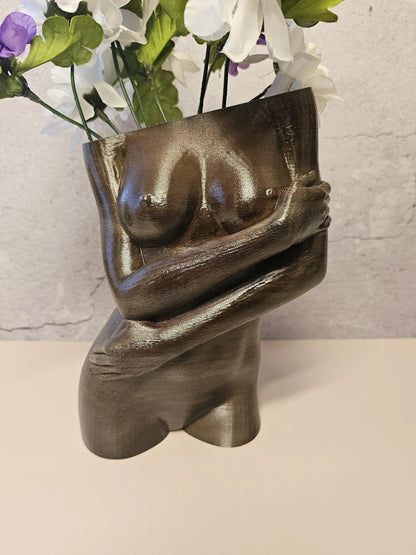 Hand-Painted Female Torso Vase: Elegant Sable Sculpture with Light & Dark Wood Finishes CR3 Design Co