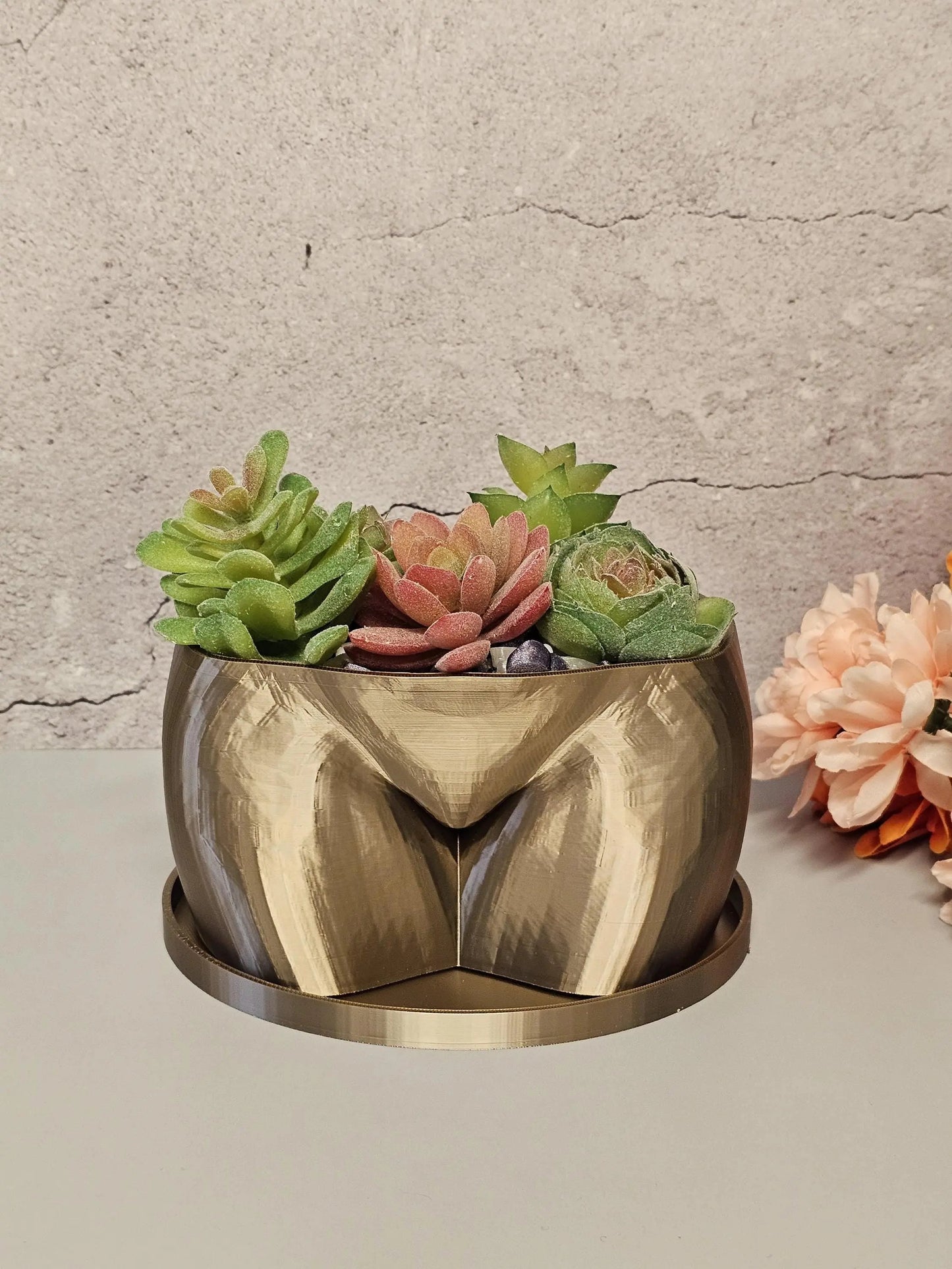 3D Printed Antique Gold Butt Planter - Modern Feminine Booty Sculpture Vase for Small Plants CR3 Design Co