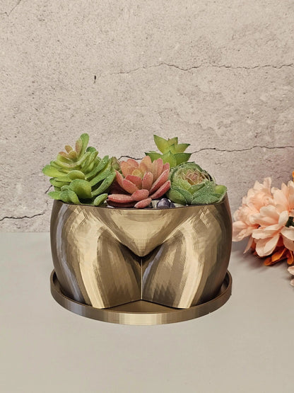 3D Printed Antique Gold Butt Planter - Modern Feminine Booty Sculpture Vase for Small Plants CR3 Design Co