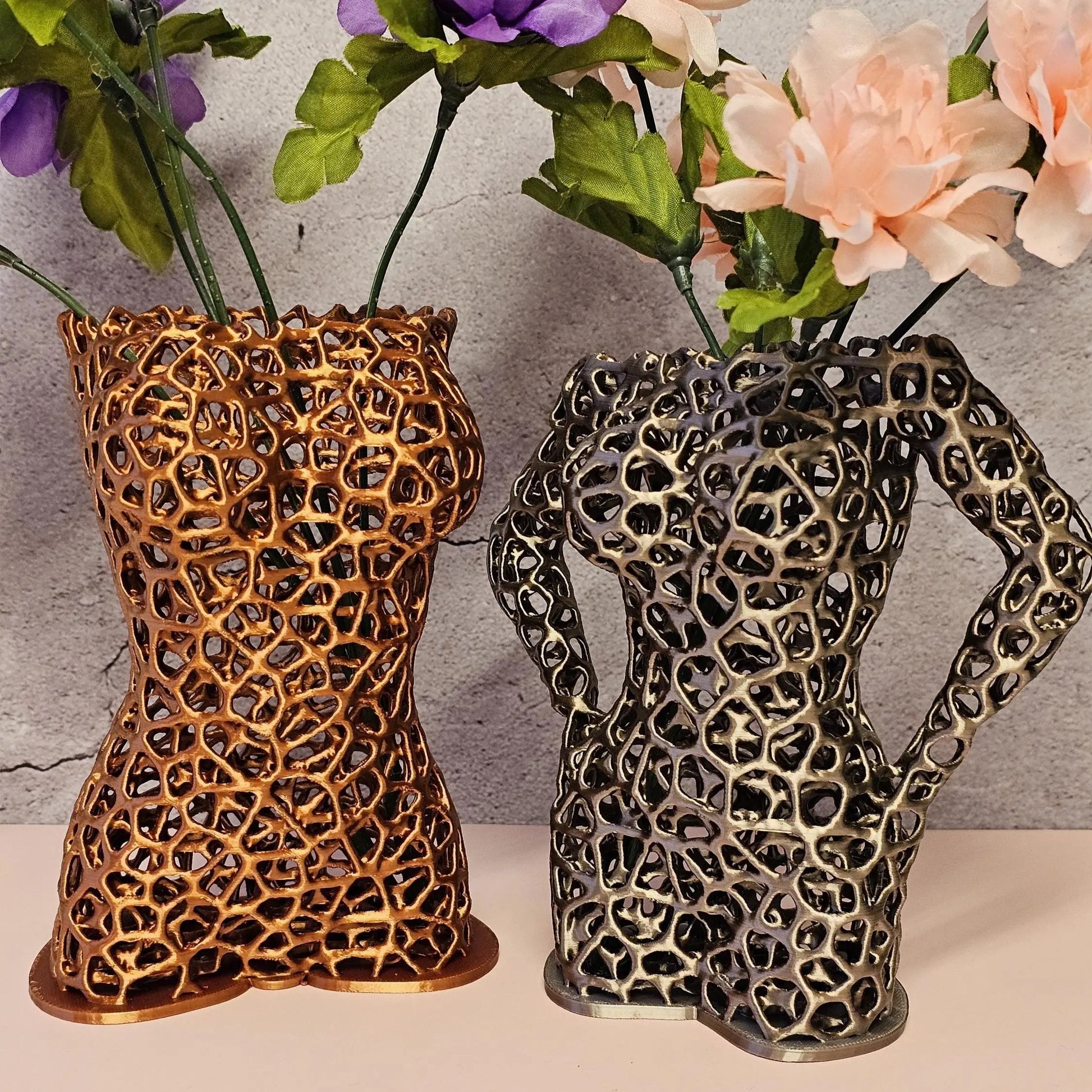Antique Gold Voronoi Torso Vase: 3D Printed Sculpture Planter CR3 Design Co