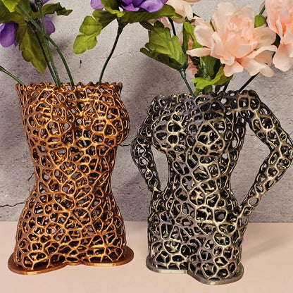 Antique Gold Voronoi Torso Vase: 3D Printed Sculpture Planter CR3 Design Co