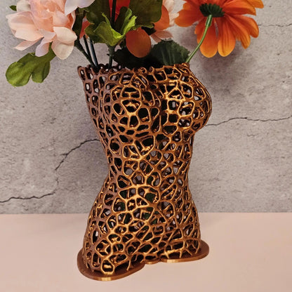 Voronoi Copper Torso Vase: 3D Printed Female Body Art Decor CR3 Design Co