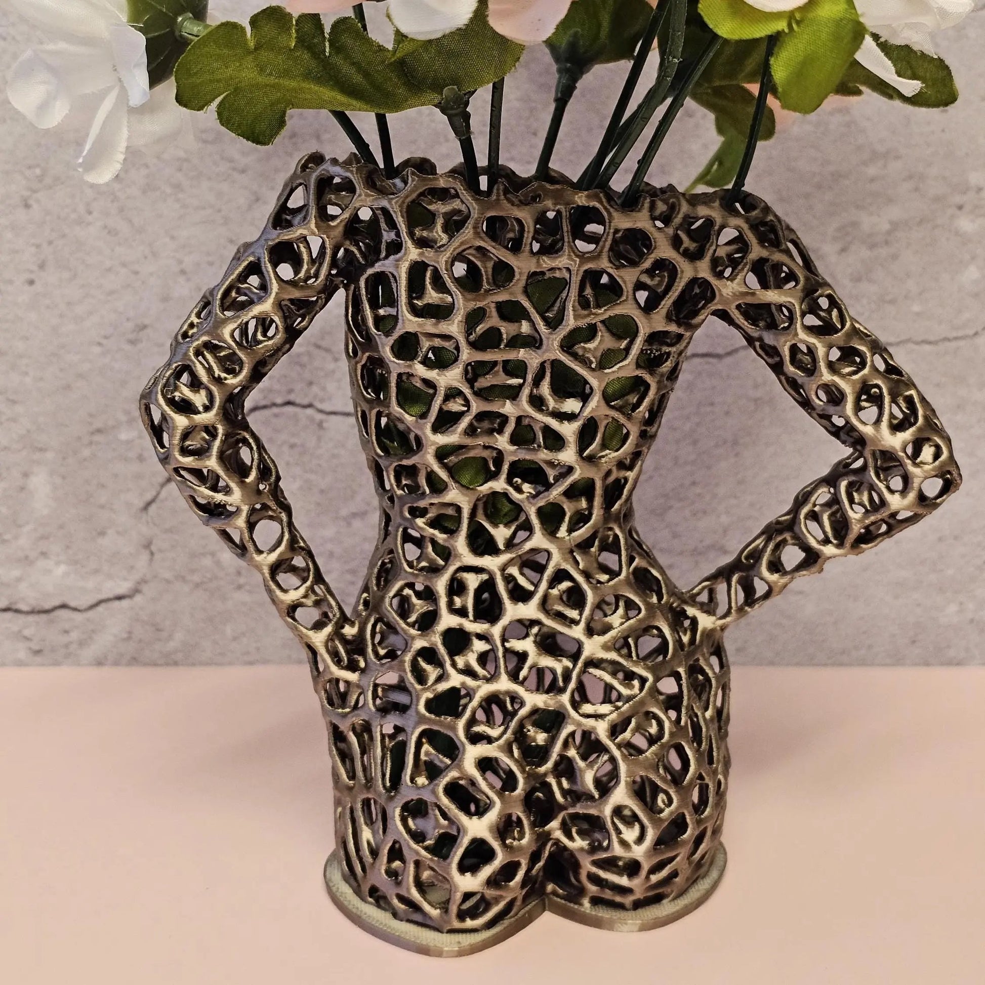 Antique Gold Voronoi Torso Vase: 3D Printed Sculpture Planter CR3 Design Co