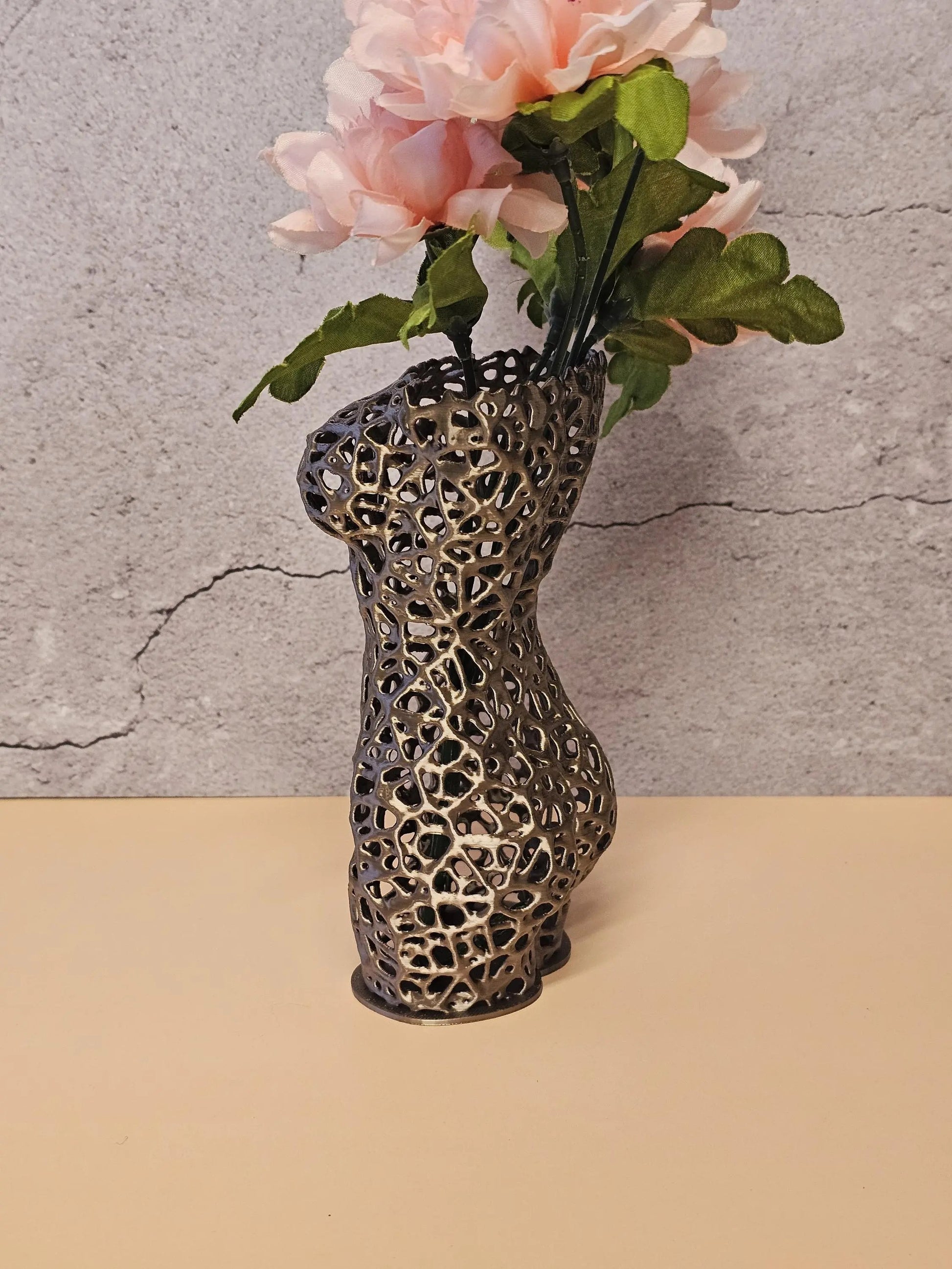 Antique Gold Female Torso Vase: 3D Printed Voronoi Sculpture CR3 Design Co