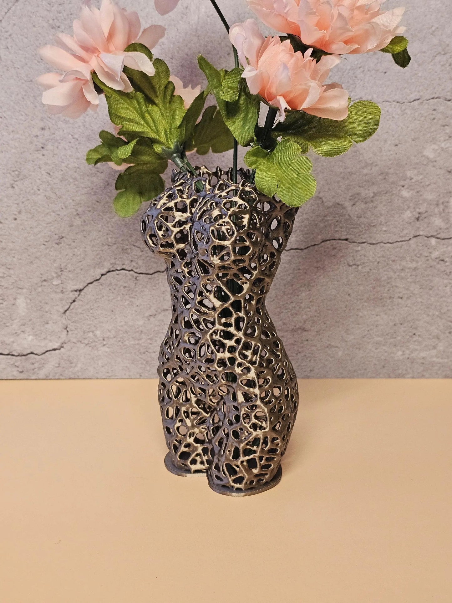 Antique Gold Female Torso Vase: 3D Printed Voronoi Sculpture CR3 Design Co