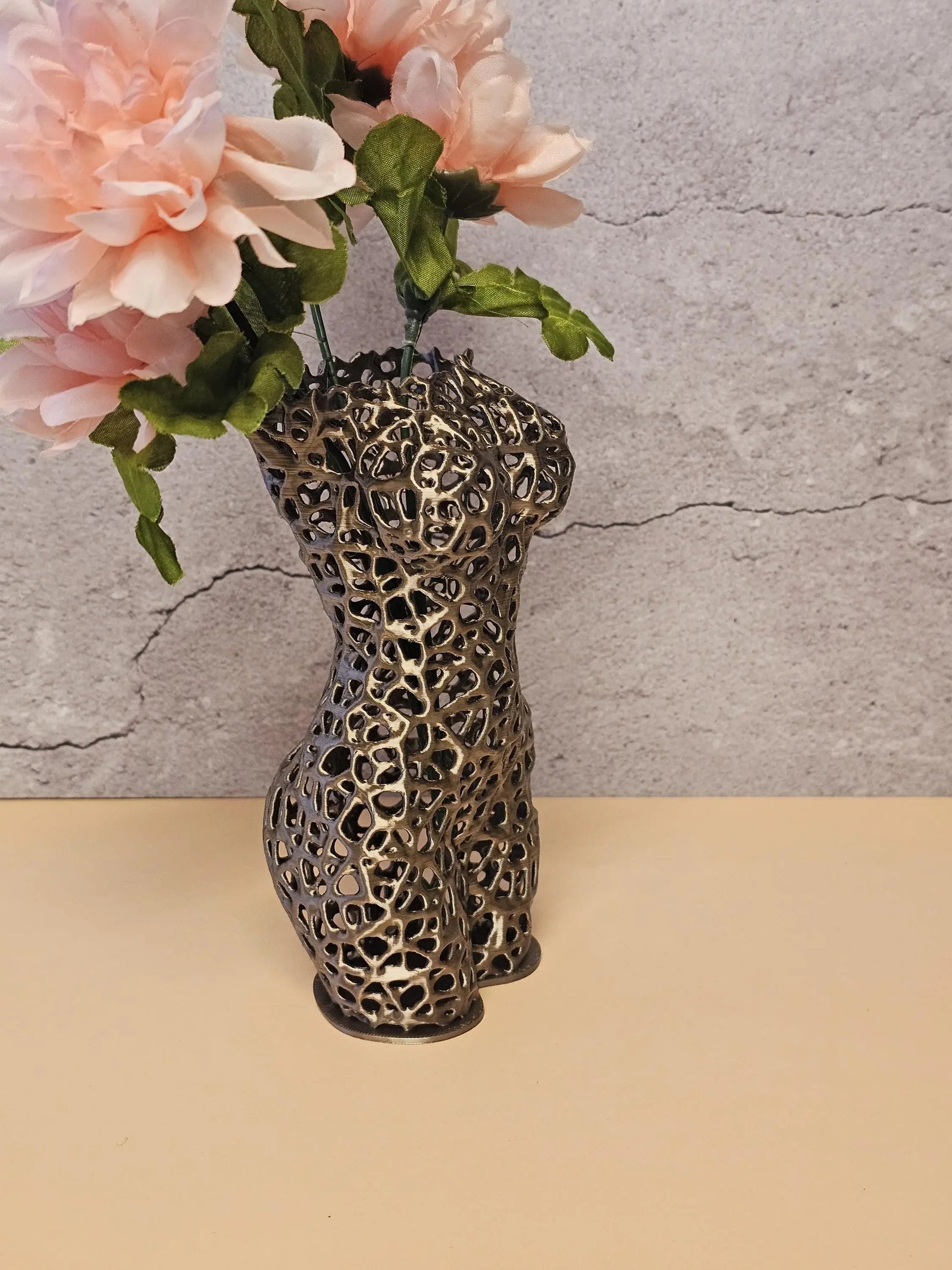 Antique Gold Female Torso Vase: 3D Printed Voronoi Sculpture CR3 Design Co