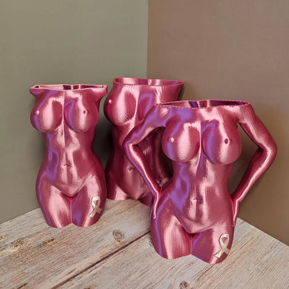Survivor Pink Lustra Vase: 3D Printed Female Form, Breast Cancer Awareness CR3 Design Co
