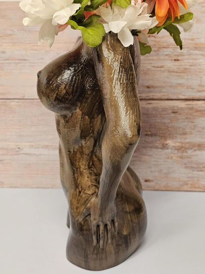 Hand-Painted Wooden Goddess Vase: Empowering Female Torso Sculpture, Boho Body Positive 3D-Printed Desk Planter CR3 Design Co