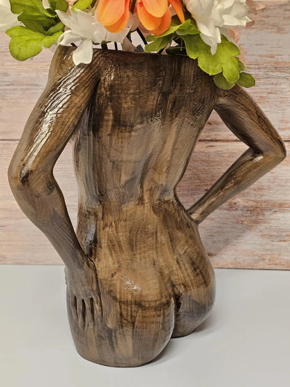 Hand-Painted Wooden Goddess Vase: Empowering Female Torso Sculpture, Boho Body Positive 3D-Printed Desk Planter CR3 Design Co