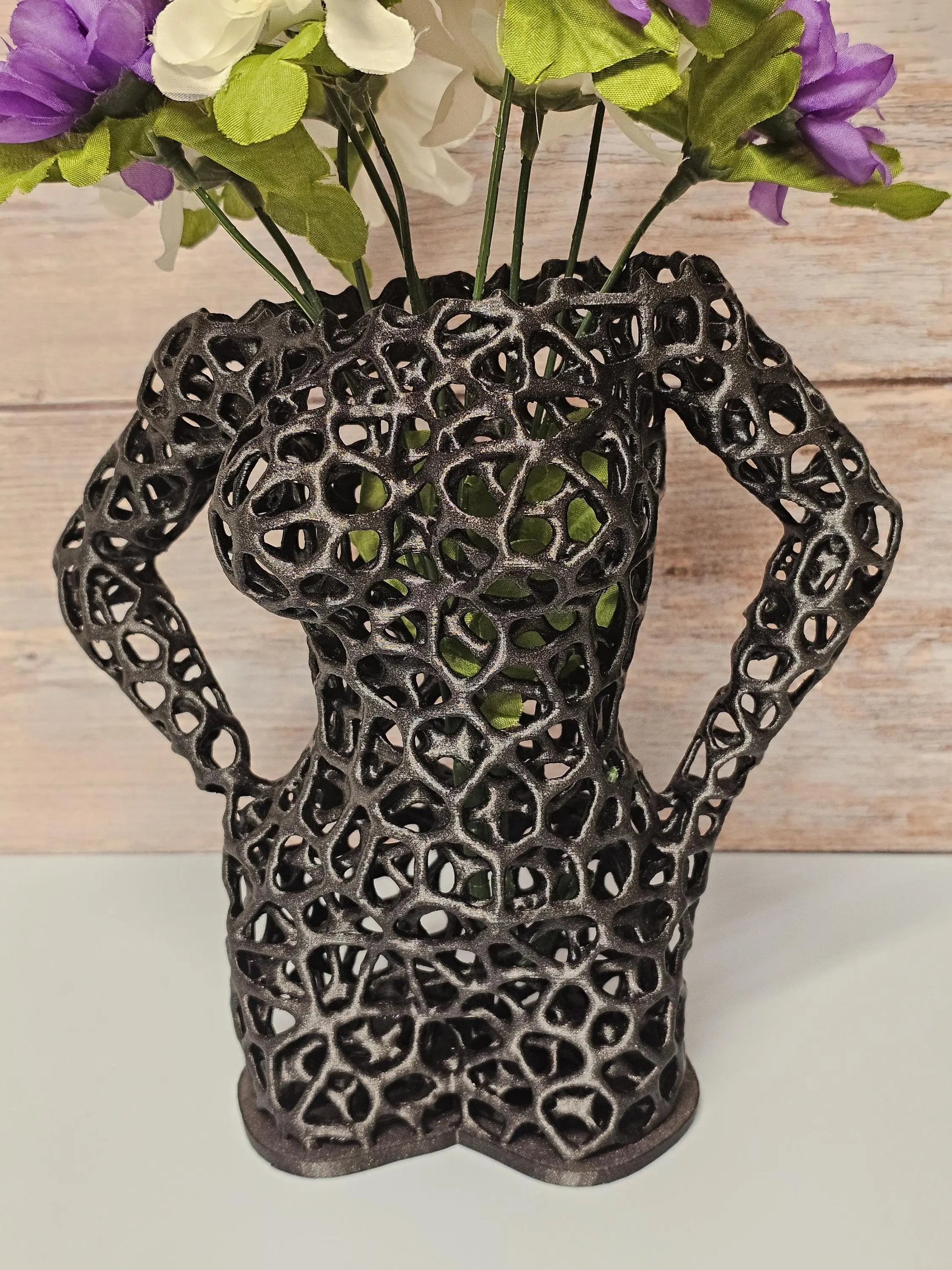 Voronoi Female Torso Vase: 3D Printed Sculpture Planter - Diamond Black LED Decor CR3 Design Co