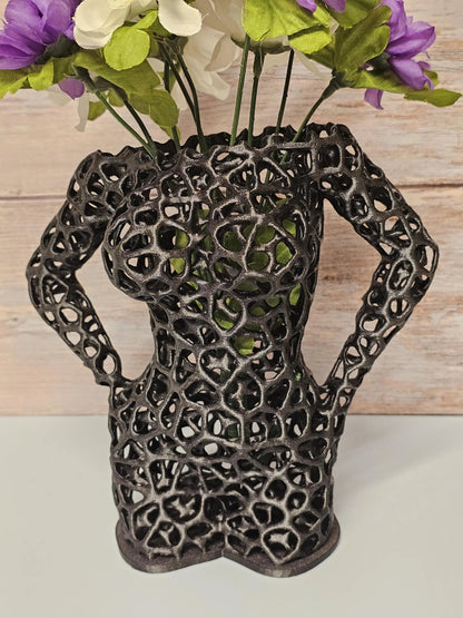 Voronoi Female Torso Vase: 3D Printed Sculpture Planter - Diamond Black LED Decor CR3 Design Co