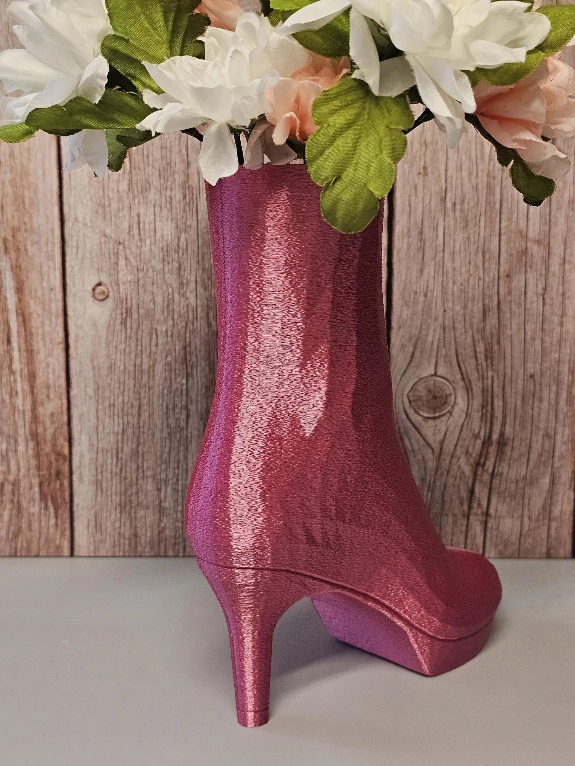 3D Printed High Heel Boot Vase: Electric Rose Pink Modern Decor CR3 Design Co