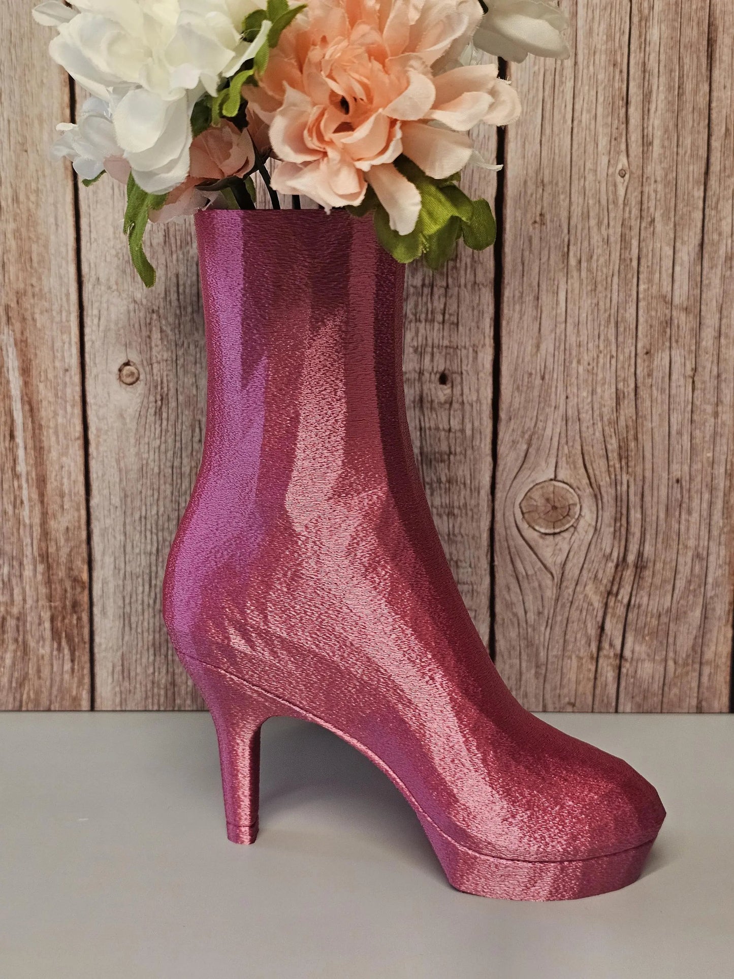 3D Printed High Heel Boot Vase: Electric Rose Pink Modern Decor CR3 Design Co