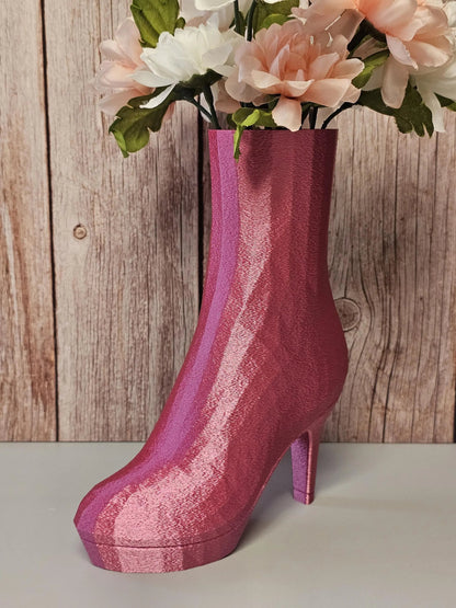 3D Printed High Heel Boot Vase: Electric Rose Pink Modern Decor CR3 Design Co