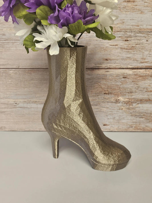 3D Printed High Heel Boot Vase: Antique Gold Fashion Decor CR3 Design Co